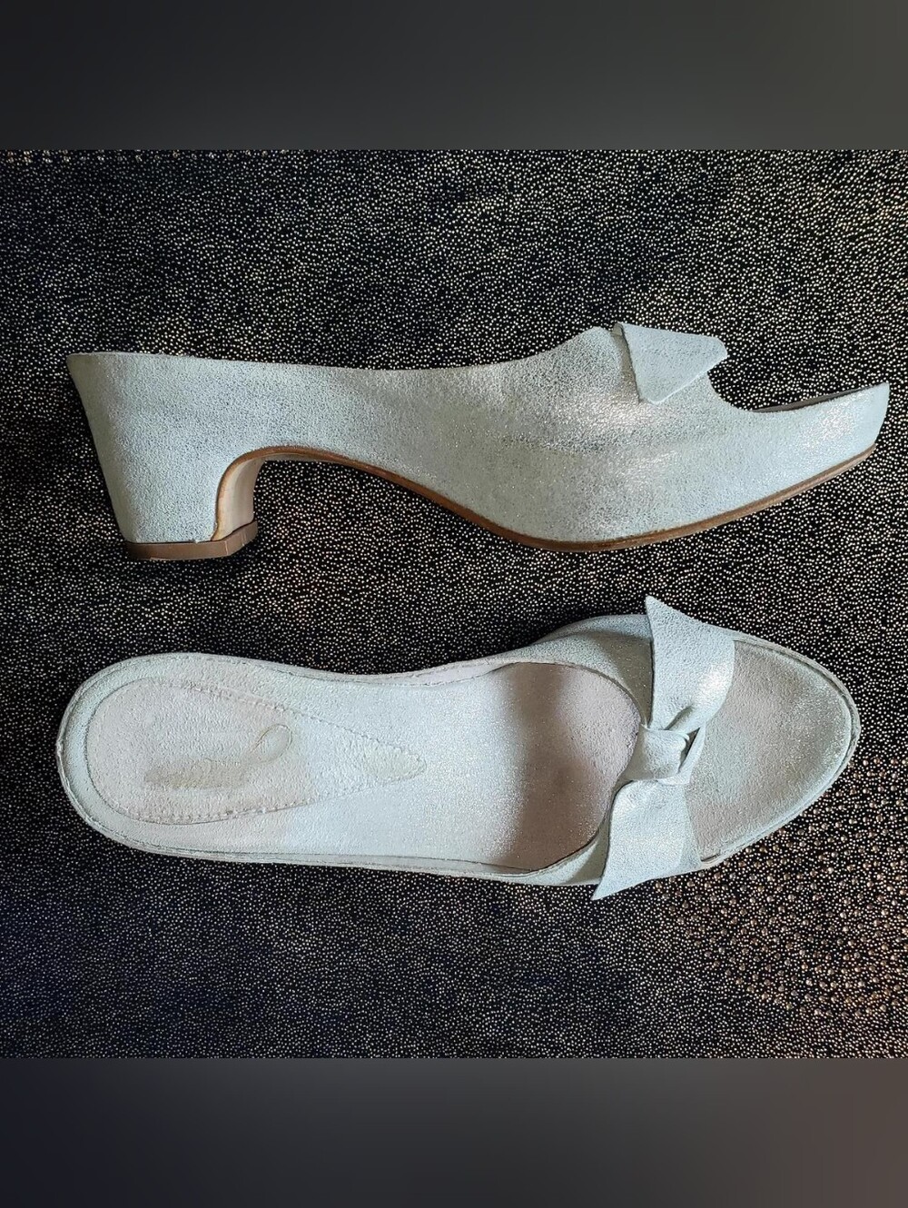 Italian Suede Kitten Heels White Shimmer Statement Bow Y2K Platform Slides 8.5